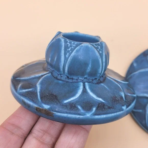 Antique Rookwood Pottery Lily Pad Candlestick Pair #2311 Blue circa 1923 - Picture 11 of 13